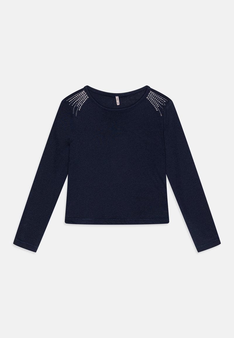 Top de manga longa azul-marinho, feito de um tecido suave, com decote redondo e detalhes com tachas nos ombros, apresentando uma forma slim e ajustada.