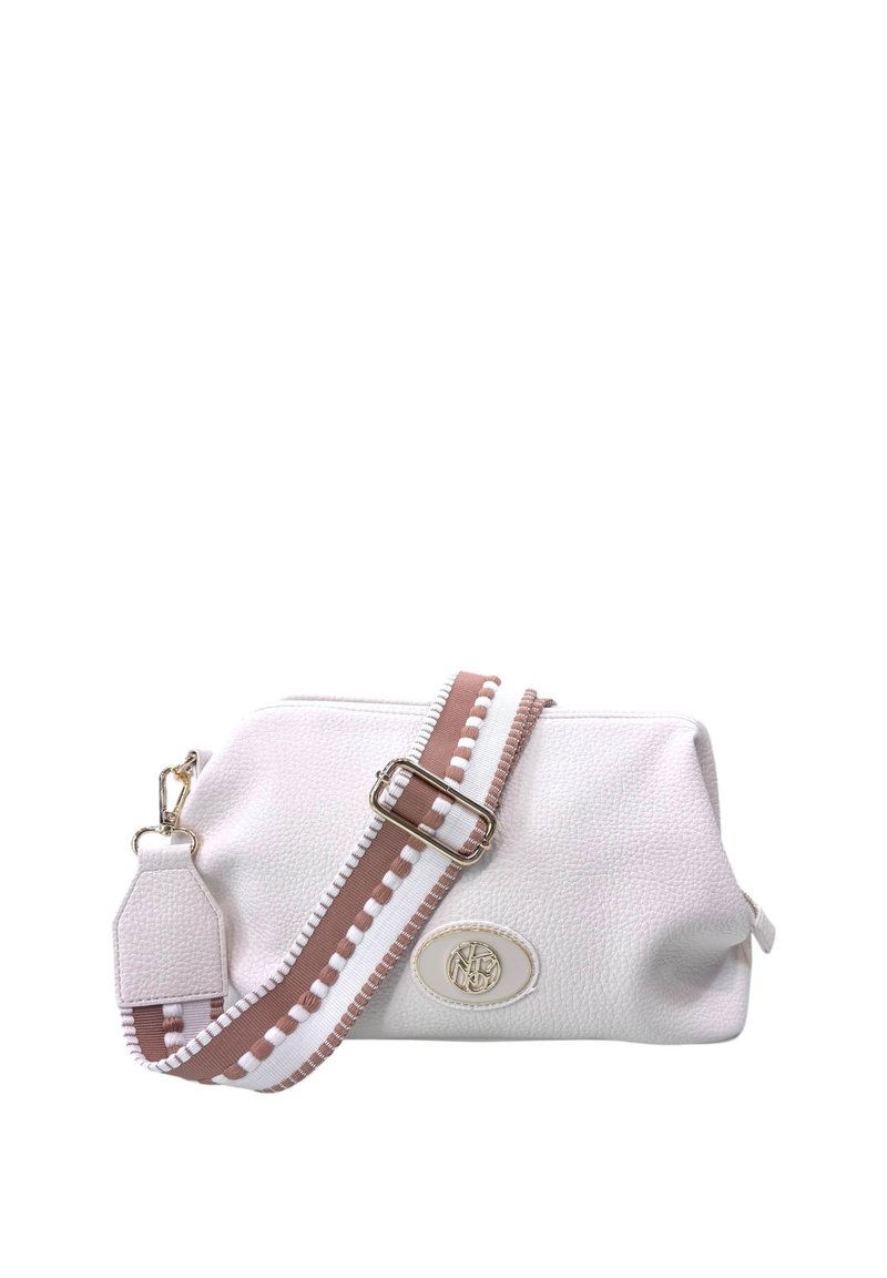 Borsa bianca in pelle testurizzata con chiusura a zip, dotata di una tracolla regolabile a motivo rosa e bianco e un accento circolare con logo.