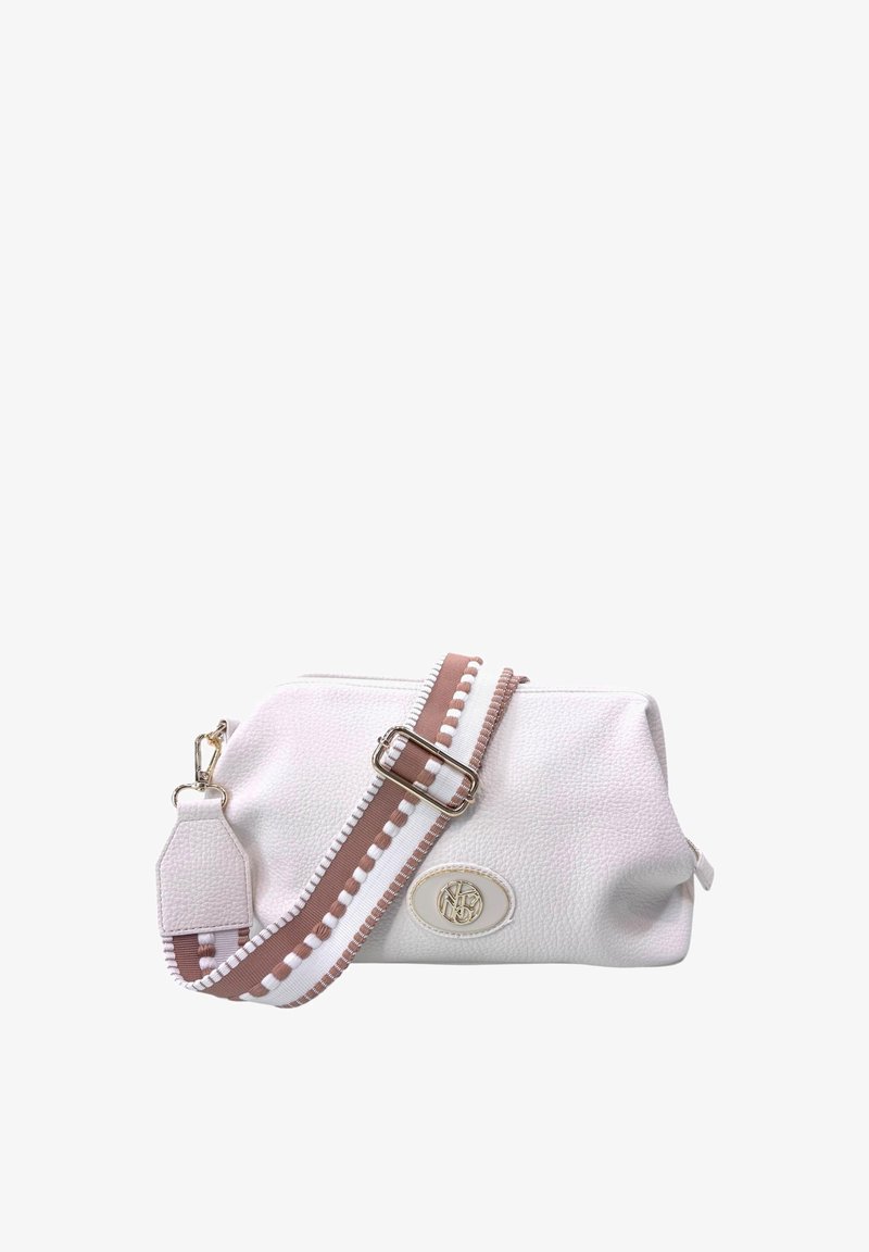 Borsa bianca in pelle testurizzata con chiusura a zip, dotata di una tracolla regolabile a motivo rosa e bianco e un accento circolare con logo.