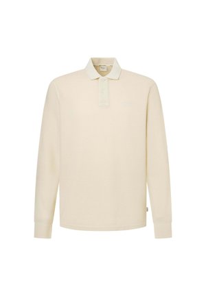Ilgomis rankovėmis polo marškiniai šviesiai kreminės spalvos, pagaminti iš minkštos medžiagos. Turi klasikinį apykaklę, dviejų mygtukų užsegimą ir minimalistišką logotipą.