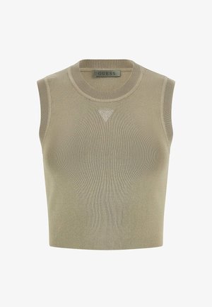 Sleeveless cropped top in light olive green ribbed knit fabric. Features a round neckline and a small silver logo accent at the chest.