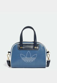 Blue synthetic handbag with a structured design, dual top handles, gold hardware, and white embroidered logo on the front. Adjustable strap included.