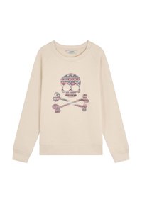 Jasno beżowy sweter z okrągłym dekoltem i raglanowymi rękawami. Na froncie widnieje kolorowa grafika czaszki z kośćmi krzyżowymi.