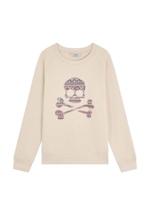 Sudadera color beige claro con un cuello redondo y mangas raglán. Presenta un gráfico colorido de una calavera y tibias cruzadas en la parte delantera.