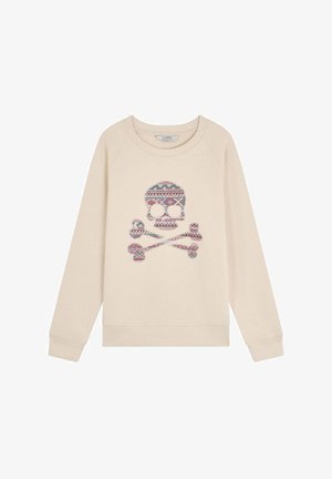 Light beige sweatshirt with a round neckline and raglan sleeves. Features a colorful patterned skull and crossbones graphic on the front.