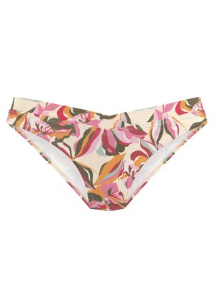 Bikini-Höschen mit floralem Muster in Rosa-, Orange- und Grüntönen. Hergestellt aus glattem, dehnbarem Gewebe mit einem tief sitzenden Design.
