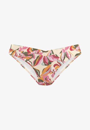 Bikini broekje met een bloemenpatroon in roze, oranje en groene tinten. Gemaakt van een soepele, rekbare stof met een lage taille.
