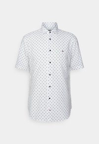 Camicia bianca a maniche corte con motivo geometrico blu navy, colletto a forma button-down e bottoni neri. Presenta un piccolo logo sul petto.