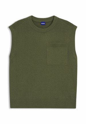 Top senza maniche verde oliva in maglia con scollo e orlo a coste. Presenta una tasca applicata sul lato sinistro. Realizzato in tessuto morbido.