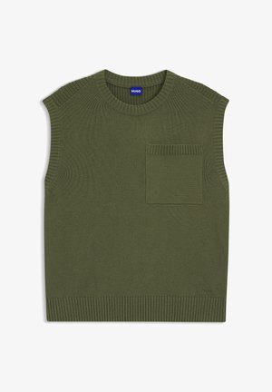 Top senza maniche verde oliva in maglia con scollo e orlo a coste. Presenta una tasca applicata sul lato sinistro. Realizzato in tessuto morbido.