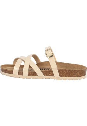 Sandalias de cuero beige con plantilla de corcho, que presentan tres correas anchas y cierre de hebilla. Suela texturizada para mayor agarre y comodidad.