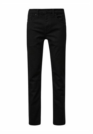 Jean en denim noir avec une coupe droite classique, un design à cinq poches et des passants de ceinture. Texture lisse, détails de couture minimaux.