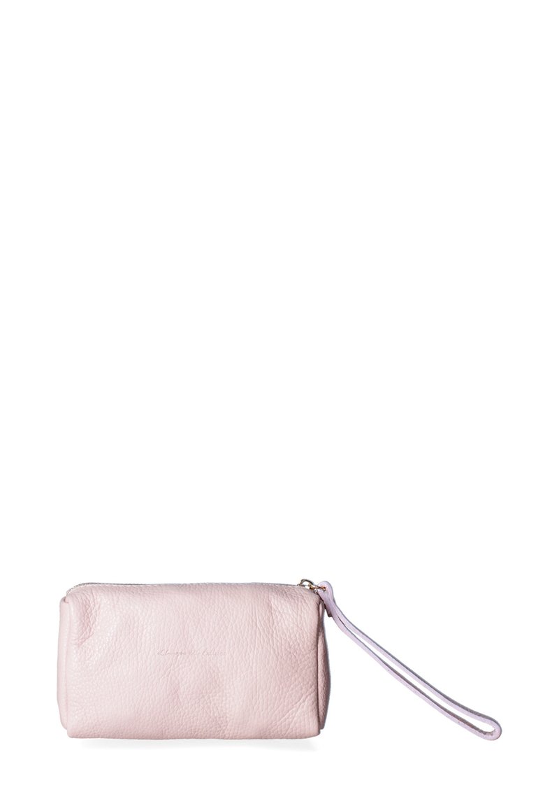 Pink leather clutch with a textured finish, zip closure, and a wrist strap. Compact rectangular shape designed for carrying essentials.