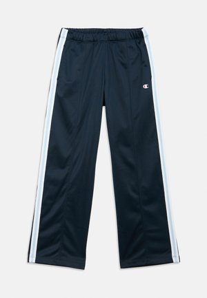 Navy track pants with an elastic waistband, featuring light blue side stripes and a small logo on the left leg. Smooth, lightweight fabric.