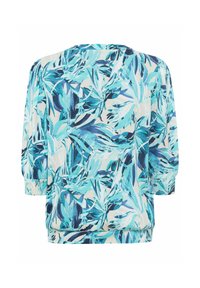 Lichte, lange mouwen top met een blauw en turquoise blADDENpatroon op een crème achtergrond. Elastische zoom en boorden met een zachte textuur.