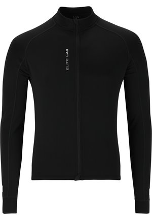 Schwarze Langarm-Radjacke mit Reißverschluss vorne, aus dehnbarem Stoff, mit flachen Nähten und reflektierenden Akzenten an den Ärmeln.