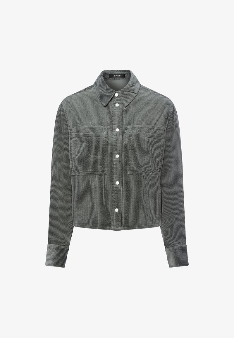 Giacca in corduroy grigia con colletto, maniche lunghe, chiusura a bottoni e due tasche frontali; presenta una texture a coste e accessori a bottoni in contrasto.
