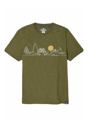 Olive green T-shirt with white line art of a camper van, trees, sun, and "Volkswagen" text on the front center.