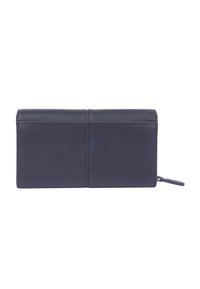 Portafoglio in pelle blu navy con una superficie liscia, forma rettangolare e chiusura con zip. Presenta cuciture minimali e nessuna ferramenta visibile.