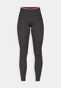 Svarta tights med hög midja, rosa detaljer på toppen och sidofickor. Tillverkade av ett elastiskt och slätt material.