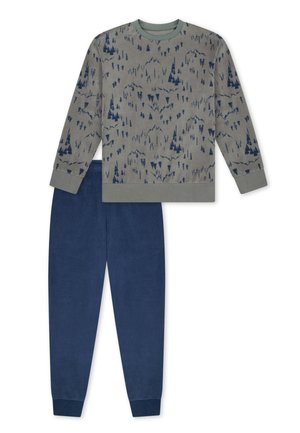 Long-sleeve grey top with blue mountain and tree pattern paired with solid dark blue pants, both casual and comfortable.