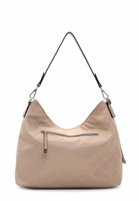 Sac à épaule beige avec une texture douce, une silhouette courbée, une poche zippée à l'avant et des accents de sangle d'épaule noire contrastants.