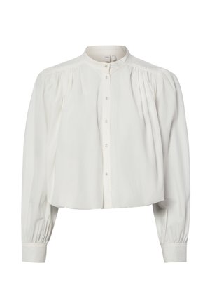 Weiße Bluse mit langen Ärmeln, hohem Kragen, Knopfleiste vorne und gerafften Stoffdetails an Schultern und Manschetten.