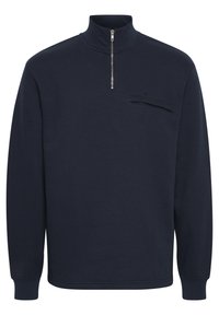Marinefarbener Halbreißverschluss-Pullover aus weichem Stoff, mit langen Ärmeln, Stehkragen und einer Brusttasche mit Reißverschluss.