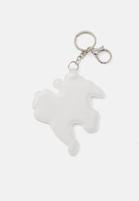 White leather keychain shaped like a silhouette, featuring a stitched outline and a metal keyring with a lobster clasp.