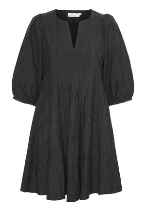 Black dress featuring a textured pattern, short puff sleeves, and a V-neckline. A-line silhouette with a mid-length hem.