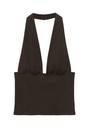 Černý tílko bez rukávů s halterem, hlubokým výstřihem do V a sešitým švem pod prsy, krátká délka.