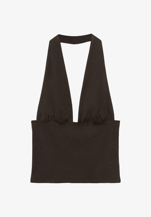 Černý tílko bez rukávů s halterem, hlubokým výstřihem do V a sešitým švem pod prsy, krátká délka.