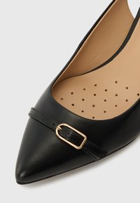 Sorte lær spiss tå hæl med en liten gullspenne detajle og perforert beige såle for ekstra komfort. Glatt tekstur, klassisk design.