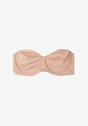 Bandeau bikiny top v jemné, světle broskvové tkanině. Nabízí skládání v designu s tvarovanými košíčky a bezšvovými okraji pro hladký vzhled.