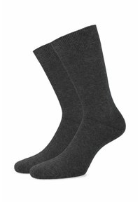 Ciemnoszaro bawełniane skarpetki z gładką fakturą, ściągaczem i wzmocnionymi palcami oraz piętą. Długość do połowy łydki, bez wzorów.