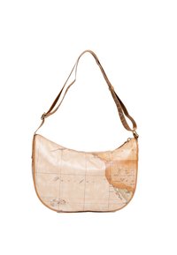 Borsa hobo con un esterno a motivo mappa color beige, texture liscia, rifiniture in pelle marrone e una lunga tracolla regolabile. Chiusura con zip nella parte superiore.