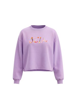 Lavendel langærmet cropped sweatshirt med ribbet manchetter og halsudskæring, med teksten "JZIA" dekoreret med små orange blomster.
