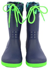 Donkerblauwe waterdichte rubberlaarzen met groene zolen en veters. De bovenkant heeft een stoffen kraag met een patroon en een trekkoord voor aanpassing.