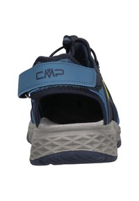 Blåa och gråa sport sandaler med en texturerad sula, bakrem med CMP-logotyp, och en design för andningsförmåga och komfort.