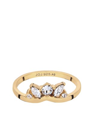 Bague en or avec cinq pierres précieuses claires : un centre rond, deux pierres latérales marquise et deux petites pierres rondes à chaque extrémité.