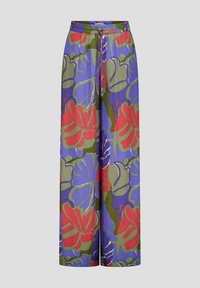Wide-leg broek met een levendige bloemenprint in rood, blauw, groen en paars, met een elastische tailleband en trekkoorddetail.