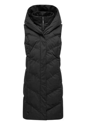 Gilet matelassé noir avec un col montant, comportant une fermeture éclair sur le devant et des poches latérales. Le tissu présente un motif matelassé et une texture lisse.