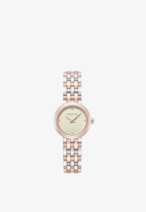 Rond damespolshorloge met zilveren en roségouden metalen schakelband, gestructureerde beige wijzerplaat, minimale markers en twee wijzers die 10:10 aangeven.