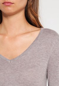 Hellgrauer V-Ausschnitt-Pullover mit weicher Textur, figurbetontem Schnitt und gerippten Kanten am Kragen. Minimalistisch und vielseitig zum Überlagern geeignet.