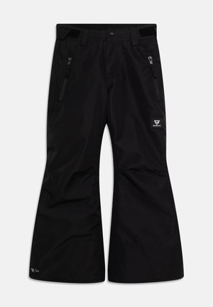 Schwarze Schneehose mit geradem Schnitt, ausgestattet mit zwei Reißverschluss-Taschen, Klettverschluss zur Größenanpassung am Bund und einem Logo-Tag am linken Bein.