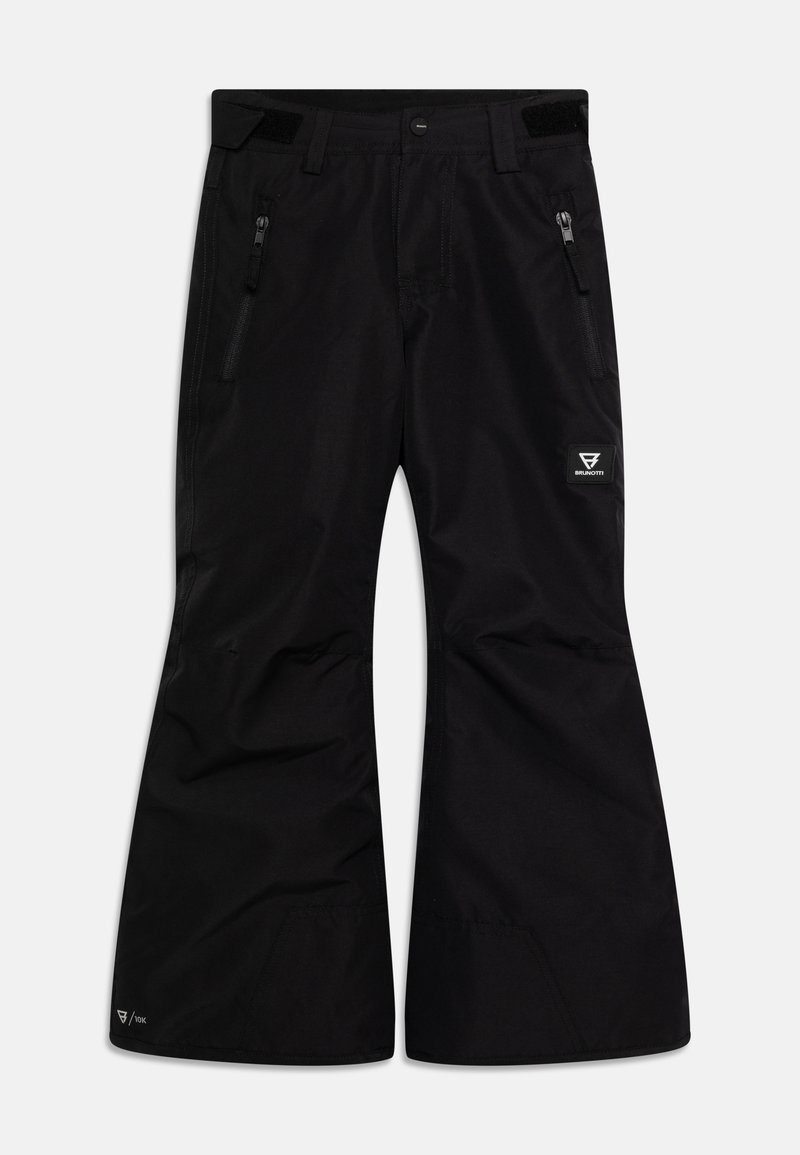 Pantalons de neige noirs avec une coupe droite, dotés de deux poches zippées, d'ajustements à la taille avec Velcro et d'une étiquette logo sur la jambe gauche.