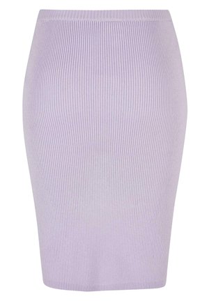 Prúžkovaná ceruzková sukňa v svetlofialovej farbe s priliehajúcim strihom. Obsahuje vysoký pás, hladkú textúru a dĺžku po kolená.