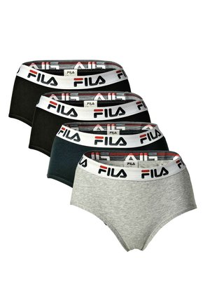 Set aus vier Damenunterhosen in Schwarz, Dunkelgrün, Grau und einem helleren Grau. Jede hat einen weißen Bund mit schwarzem FILA-Branding und Akzenten.