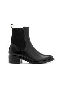 Czarne skórzane botki za kostkę z elastycznymi panelami bocznymi, zaokrąglonym noskiem i niskim, słupkowym obcasem. Gładka faktura z pętelką z tyłu.