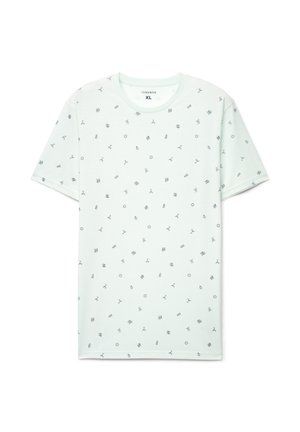 T-shirt verde menta chiaro con una vestibilità rilassata, caratterizzata da un piccolo motivo ripetuto di varie icone in blu scuro. Scollo rotondo e maniche corte.